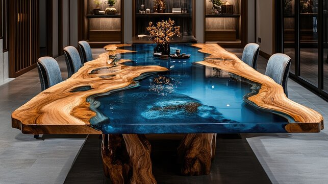 Modern dining room interior with live edge wooden table and blue epoxy resin