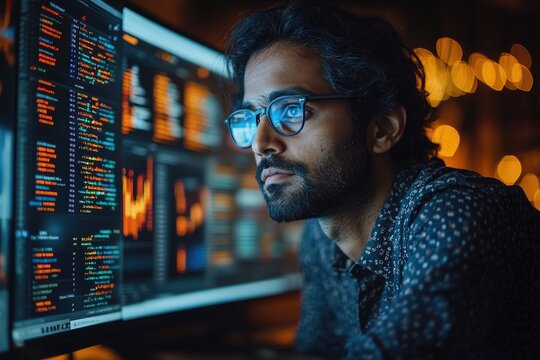 Software developer working on computer code at night in office