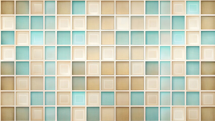 Fototapeta premium Blue and Beige Tile Mosaic: A calming and elegant background, this seamless pattern of blue and beige square tiles evokes a sense of tranquility and sophistication. 