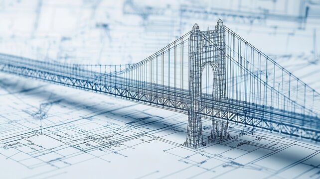 Blueprint of a bridge with intricate framework and clear line detailing, structural engineering focus
