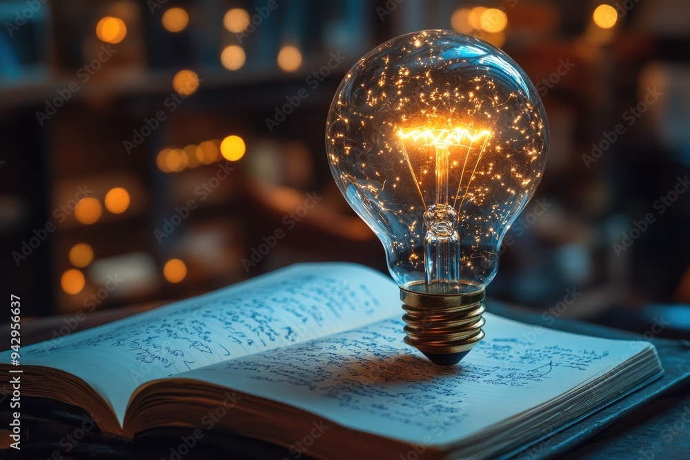 Poster bright lightbulb shining on open notebook with handwritten notes