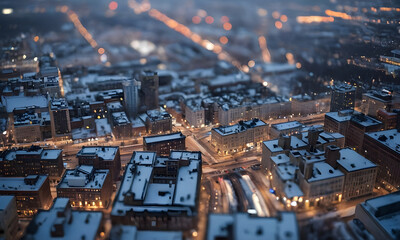 Obraz premium Snowy cityscape with buildings and streets lit up at night