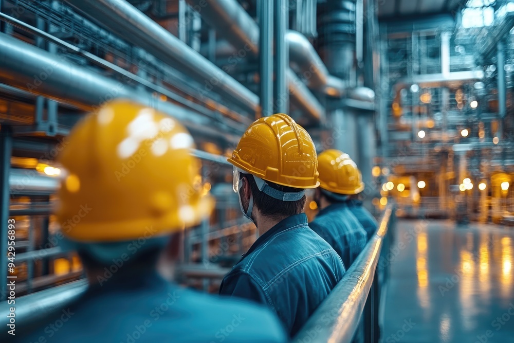 Poster industrial engineers wearing hard hats inspecting a pipeline system