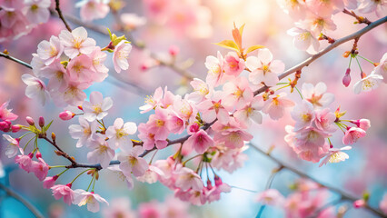 Obraz premium Cherry Blossoms in Bloom: A captivating close-up of delicate pink and white cherry blossoms, bathed in the soft glow of spring sunshine, evoking a sense of tranquility and renewal. 
