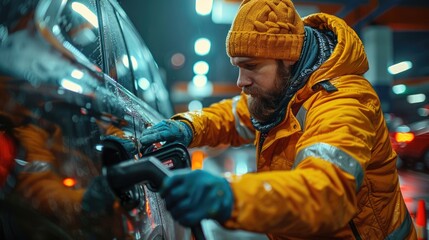 A person wearing an orange jacket is charging an electric car in the rain at night, highlighting determination and the urgent need for energy in modern times.