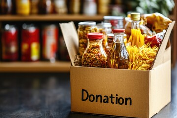 Cardboard box full of food donations for people in need