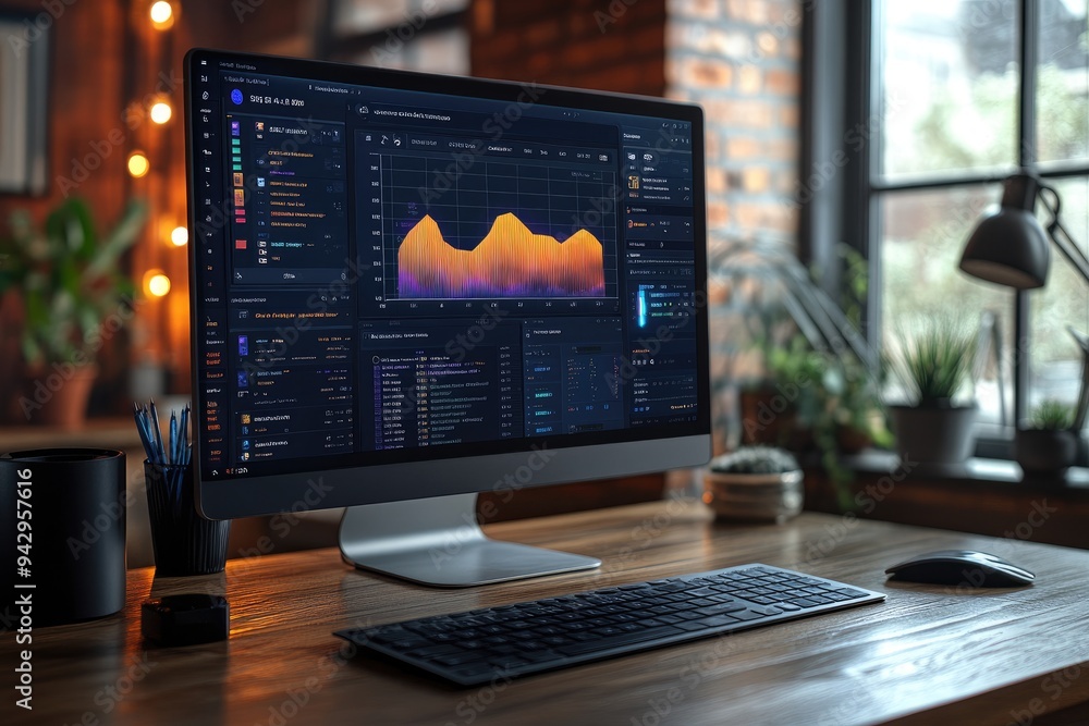 Aufkleber Modern workspace setup showing financial data on a desktop computer screen