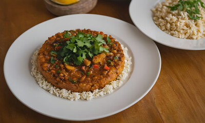 Fototapeta premium Delicious vegan lentil loaf sitting on a bed of rice on a white plate