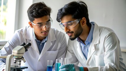 Indian friends working together on a science project in a laboratory, wearing lab coats.
