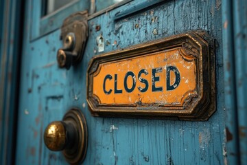 Old weathered closed sign hanging on blue rustic door