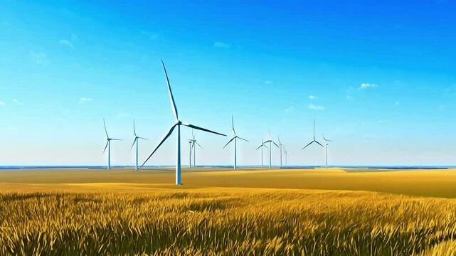 Windmill generator in the field. Wind mill park. Green energy, environment, ecology concept. Ai generated video.