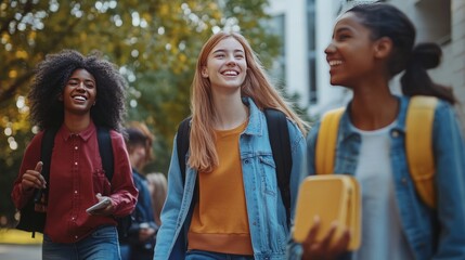 Fototapeta premium Happy international university friends walking together in campus, chatting and laughing outdoors after school 