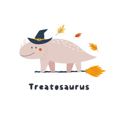 Halloween Triceratops Dinosaur Illustration, Spooky Dino on a Witch Broom