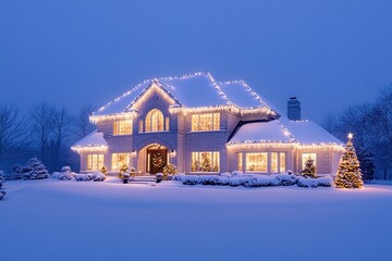 Illuminated house adorned with Christmas lights under snowfall a