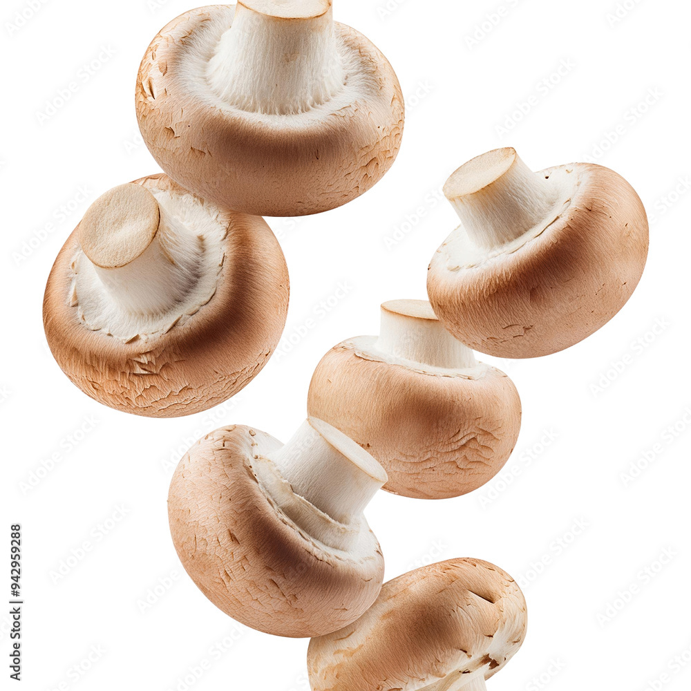 Poster close-up of mushrooms on isolated white background with focus on texture and color details