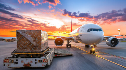 Aerial Logistics: Plane and Cargo Against Stunning Sunset