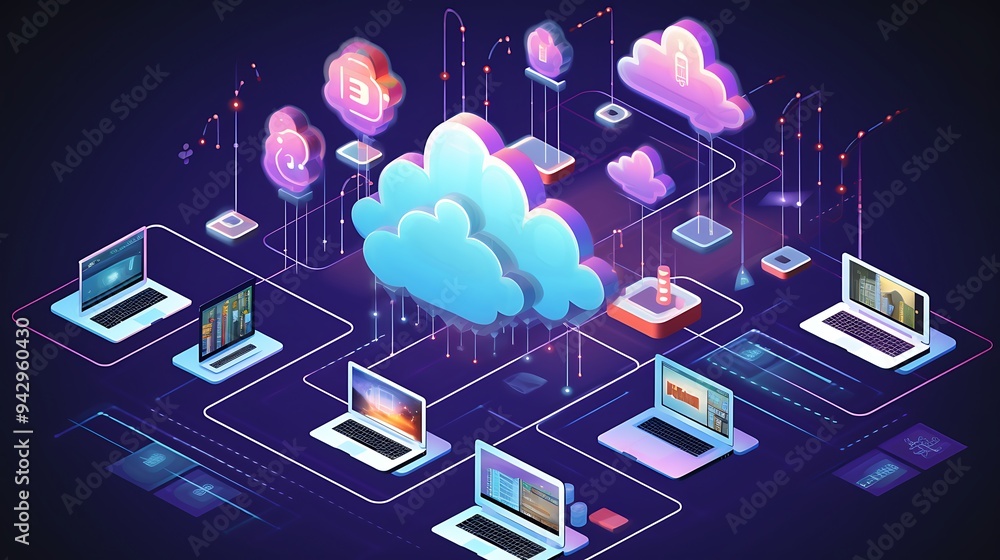 Poster vector illustration of cloud technology with a network of connected devices in isometric view