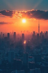 Fototapeta premium Stunning Sunset Over Tokyo Skyline with Skytree Tower and Dramatic Clouds