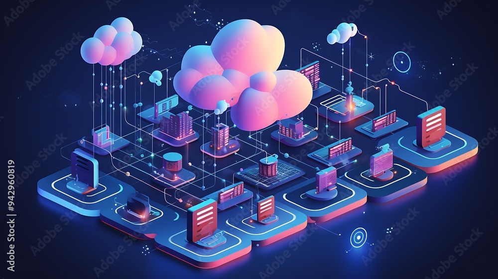 Aufkleber vector illustration of cloud technology with a network of connected devices in isometric view