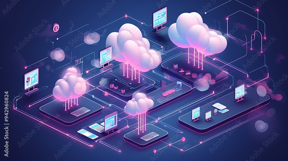 Poster vector illustration of cloud technology with a network of connected devices in isometric view