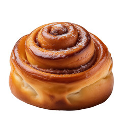 Fototapeta premium Close-Up of Golden Brown Sweet Cinnamon Roll on White Background with Powdered Sugar