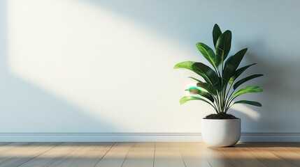 Modern Minimalist Interior with Potted Plant and Sunlight on Wooden Floor