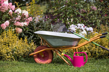 A garden wheelbarrow and a rake in the backyard of the house. The concept of housework, gardening...