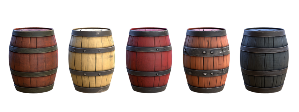 Collection of Colored Wooden Barrels on White Background - Powered by Adobe