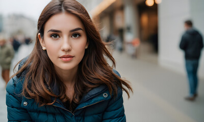 Fototapeta premium Young woman posing wearing blue jacket in the city