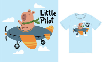 Cute capybara on a plane illustration with tshirt design premium vector
