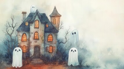 Halloween-themed banner with haunted house, 50 off clearance sale, ghostly figures in the background