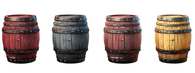 Collection of Colored Wooden Barrels on White Background
