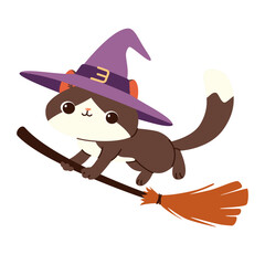 Flat vector illustration in children's style. Cute kitten in a witch's hat flying on a broomstick. Illustration for Halloween holiday . Vector illustration