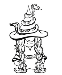 Cartoon woman gnomes with Halloween hats.Black and white line art of gnomes. Monochrome gnome illustrations for Halloween