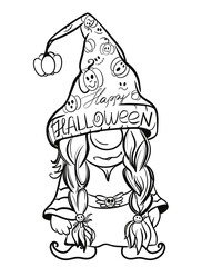 Cartoon woman gnomes with Halloween hats.Black and white line art of gnomes. Monochrome gnome illustrations for Halloween