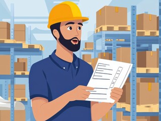 Illustrated warehouse worker reviewing a checklist