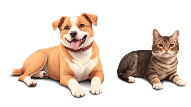 cat and puppy png, Happy dog and cat interacting together isolated on a clean PNG background, adorable and friendly pets in a joyful scene, ideal for animal-themed designs, pet care concepts, and fami