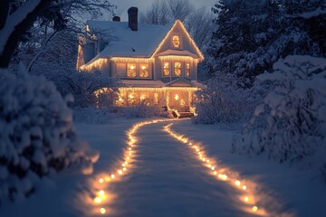 Snow-covered house with lit pathway in twilight