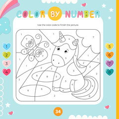 Color by number – Unicorn, butterfly. Pony Activities for kids.  Coloring page. Vector illustration. Square format. Logic Game for boost of fine motor skills, thinking, attention, learning of numbers.