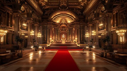 Obraz premium Grand Hall with Red Carpet Leading to an Opulently Lit Stage, Perfect for a Luxurious Ceremony
