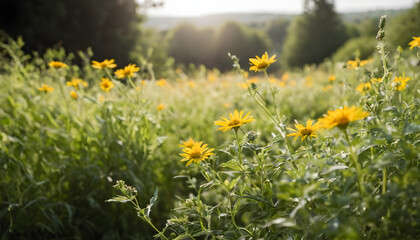 Yellow flowers blooming in a field at sunset