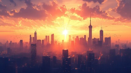 Stunning Urban Skyline at Sunset with Vibrant Colors and Dramatic Clouds