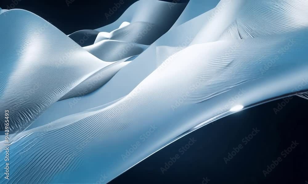 Poster exploring an abstract landscape of undulating icy waves in mesmerizing shades of blue at twilight. g