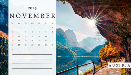 Set of horizontal flip calendars with beautiful landscapes. November 2025. Sunny autumn scene of Vorderer ( Gosausee ) lake. Stunning morning view of Austrian Alps, Upper Austria, Europe.