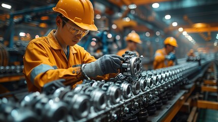 A worker focuses on assembling intricate mechanical parts in an industrial setting, demonstrating the blend of human labor and technology in modern manufacturing industries.