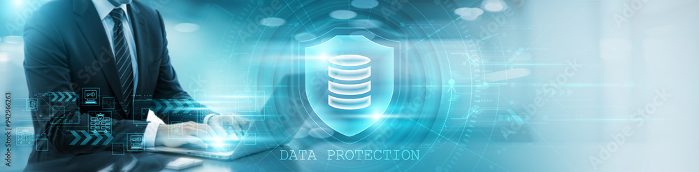 Poster data protection. businessman using laptop and analysis of data protection for growth and development
