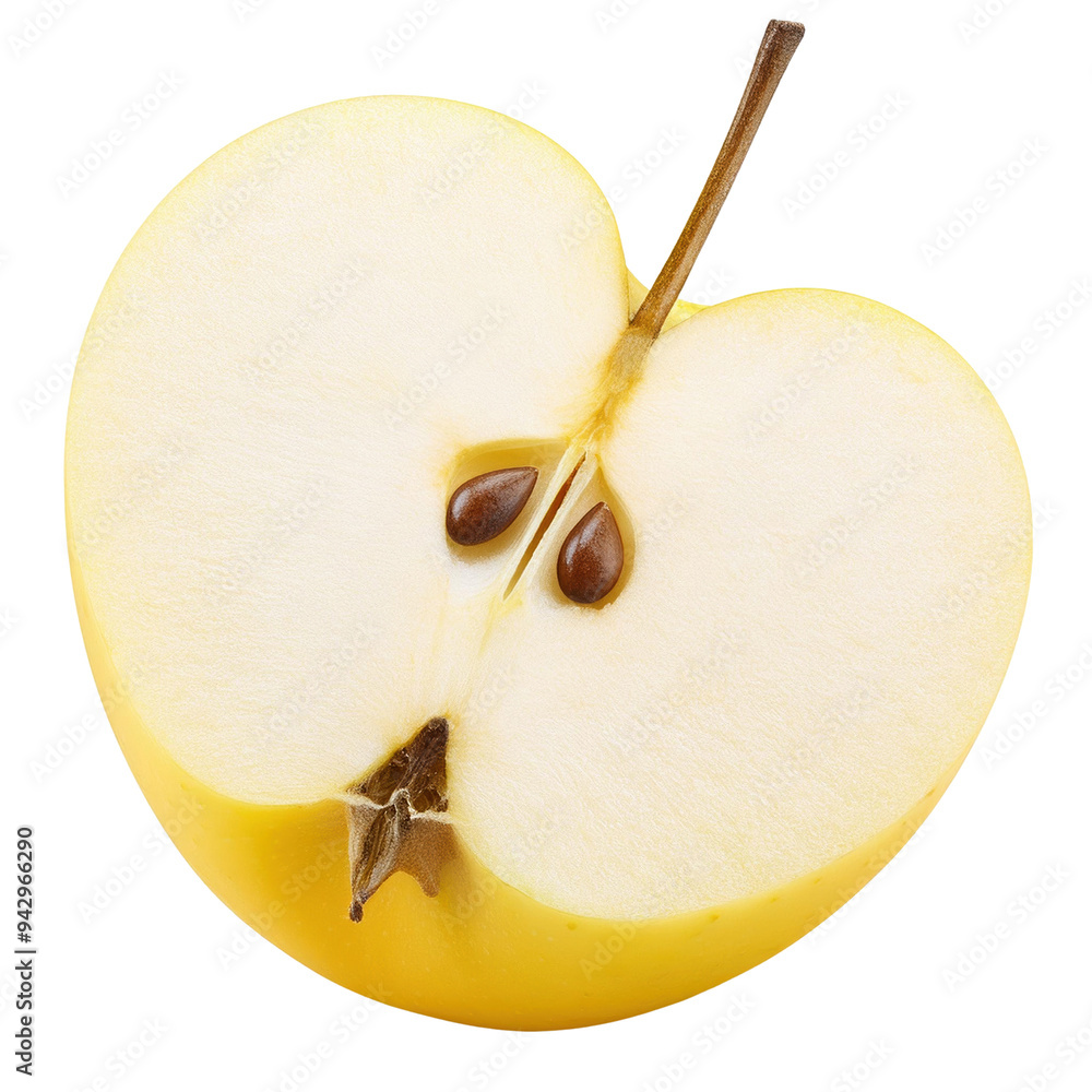 Poster close-up of a halved yellow apple with seeds in a studio setting on a white background