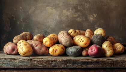 Obraz premium High-quality still life of various types of potatoes displayed on a rustic wooden table. The scene features realistic textures, natural lighting, and detailed shadows, with a focus on the unique potat