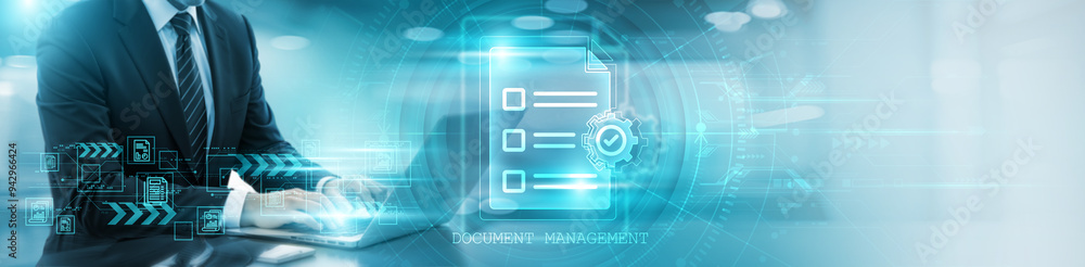 Poster document management. businessman using laptop and analysis document management growth strategies, mo