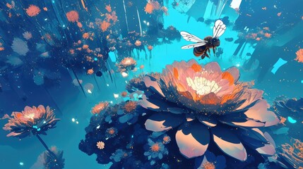 A bee flies over blue and orange flowers against a blue background.